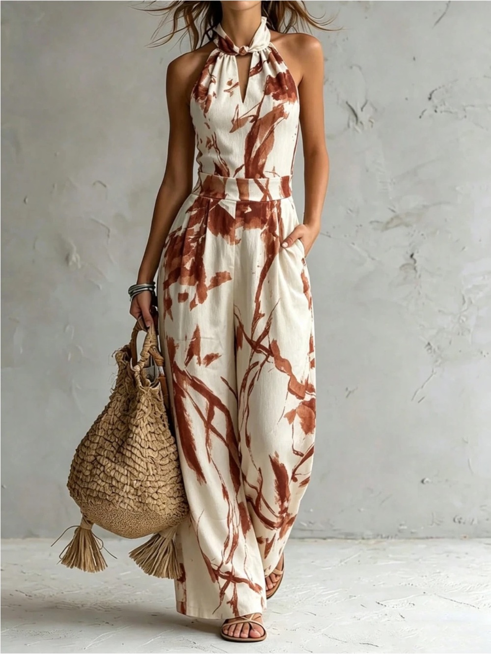 Women Boho Halter Dress Brown Sleeveless Cut Out Wide Leg Jumpsuit
